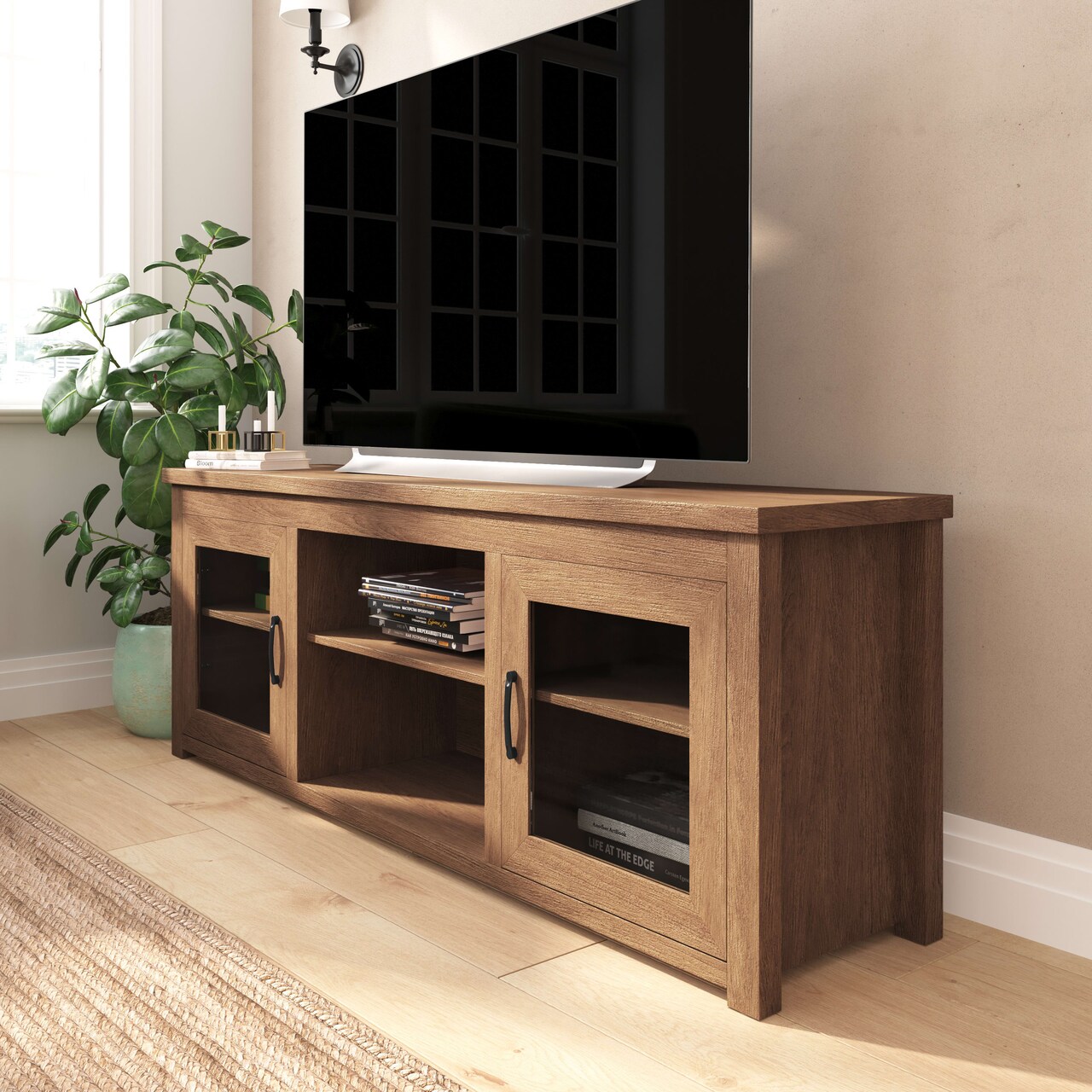 Merrick Lane Galena Traditional Full Glass Door 65" TV Stand for up to 80" TVs